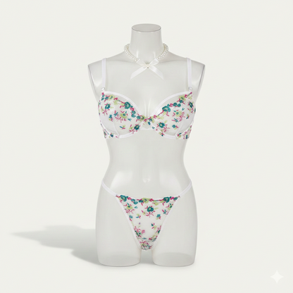 Women’s Embroidered Mesh Bra and Thong Set – Underwired Two-Piece Lingerie