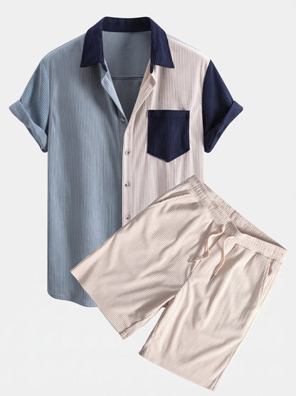 Men’s Short-Sleeve Corduroy Co-Ord Set – Button-Up Shirt with Drawstring Shorts
