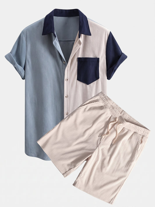Men’s Short-Sleeve Corduroy Co-Ord Set – Button-Up Shirt with Drawstring Shorts