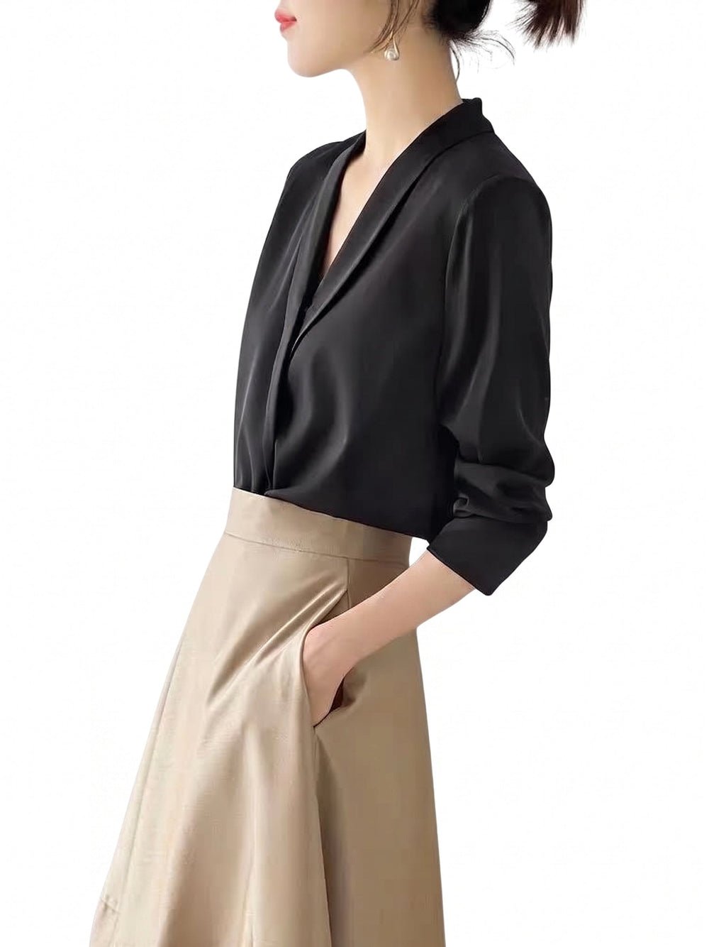 Women’s Satin V-Neck Blouse – Elegant Long-Sleeve Style for Office and Evening Wear