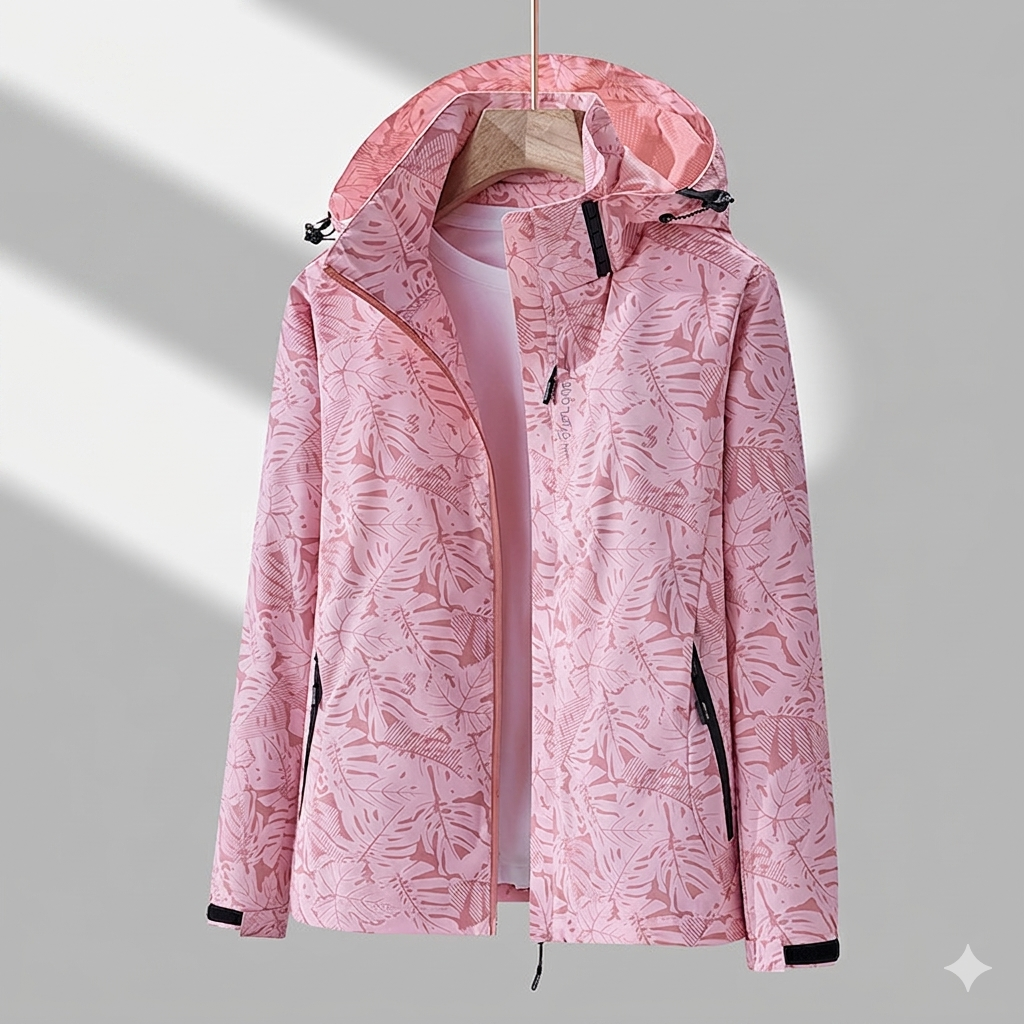 Women’s Lined Hooded Jacket – Tonal Leaf Pattern with Zip Pockets