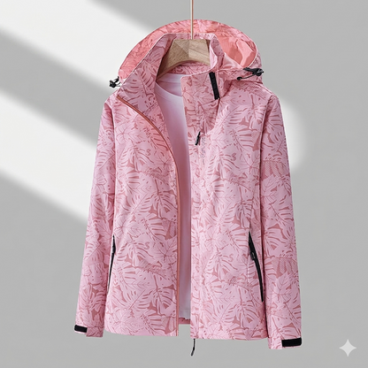 Women’s Lined Hooded Jacket – Tonal Leaf Pattern with Zip Pockets