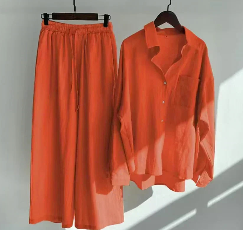 Women’s Linen Shirt and Trouser Set – Relaxed Button-Front Top with Drawstring Wide-Leg Trousers for Summer Wear
