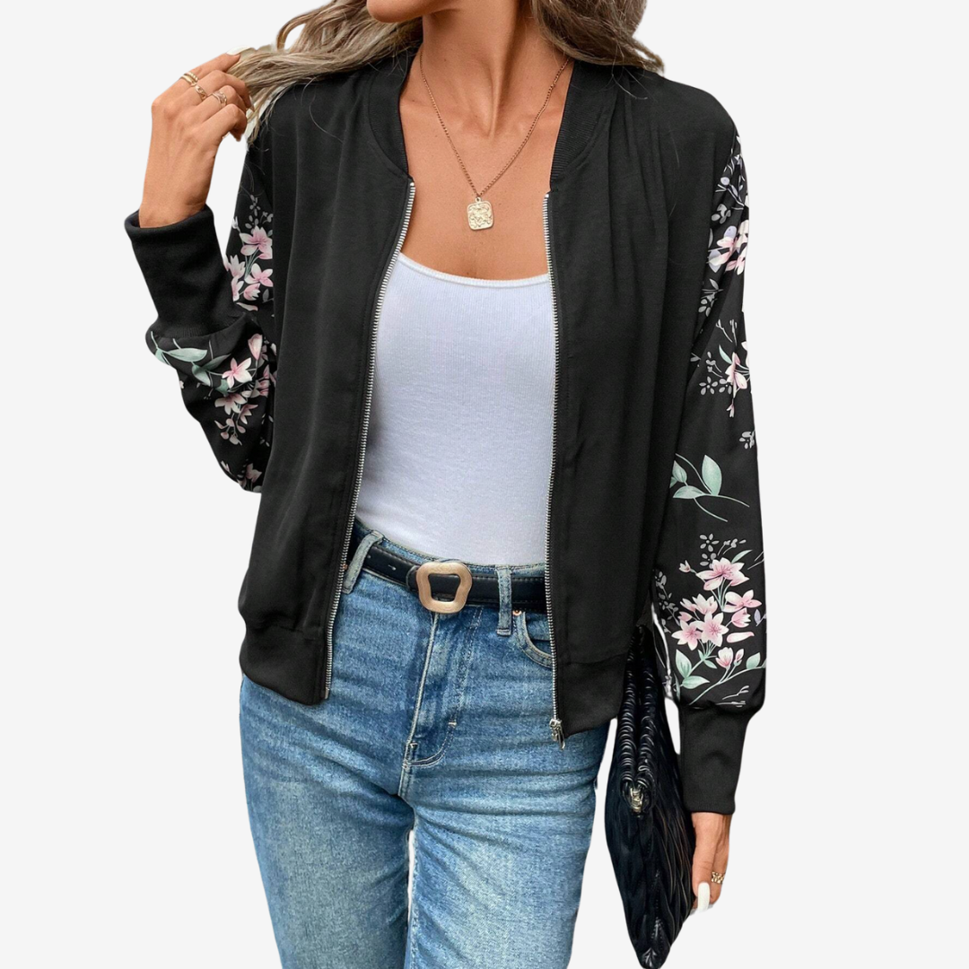 Women’s Printed Sleeve Bomber Jacket – Casual Zip-Up Layer for Everyday Wear