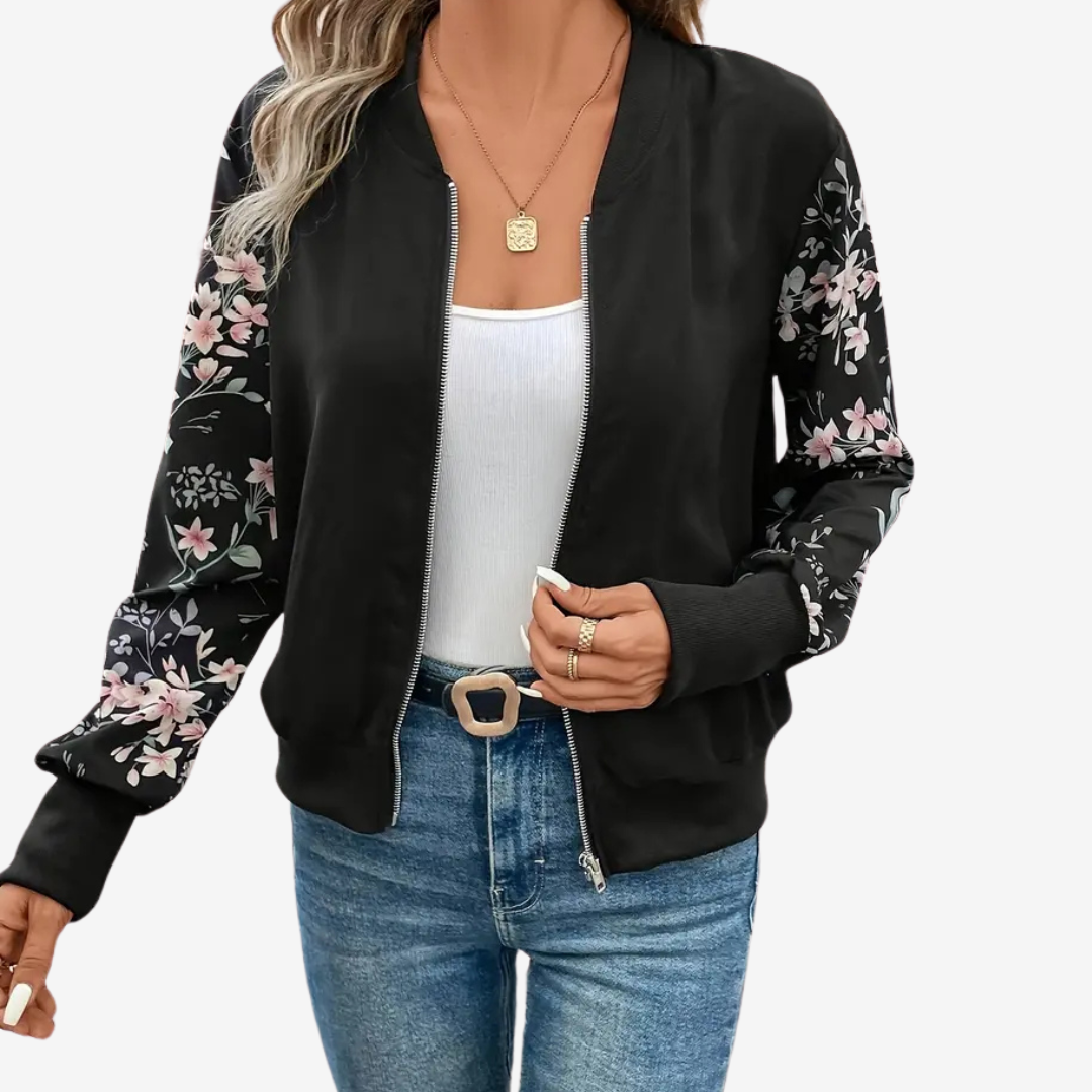 Women’s Printed Sleeve Bomber Jacket – Casual Zip-Up Layer for Everyday Wear