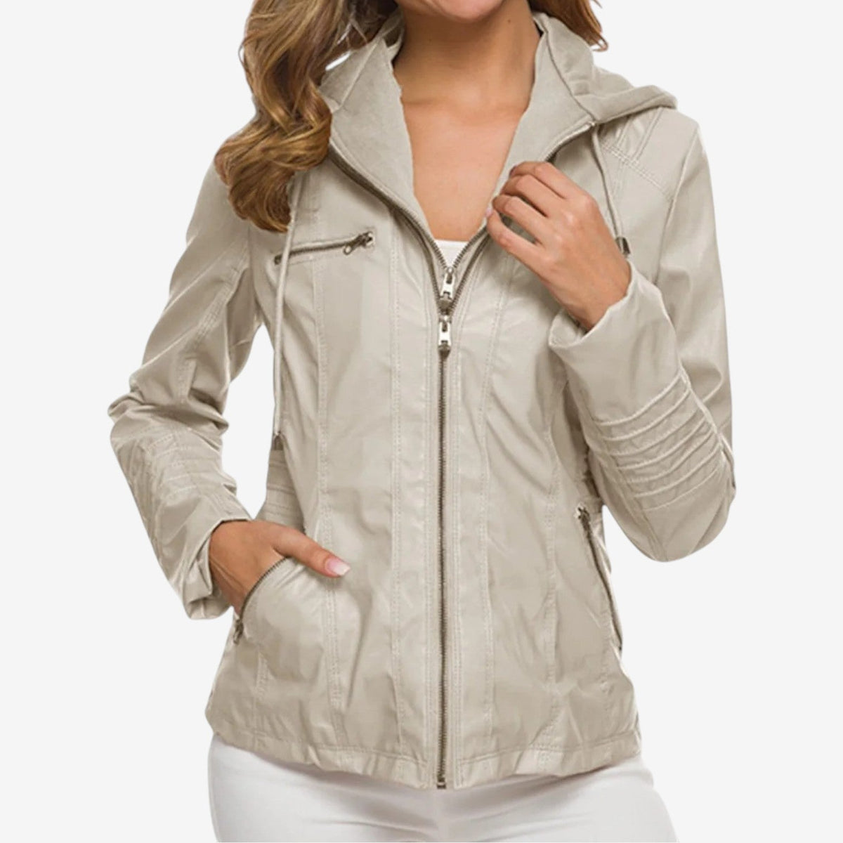 Women’s Hooded Biker Jacket – Tailored Zip-Up Layer for Spring and Autumn