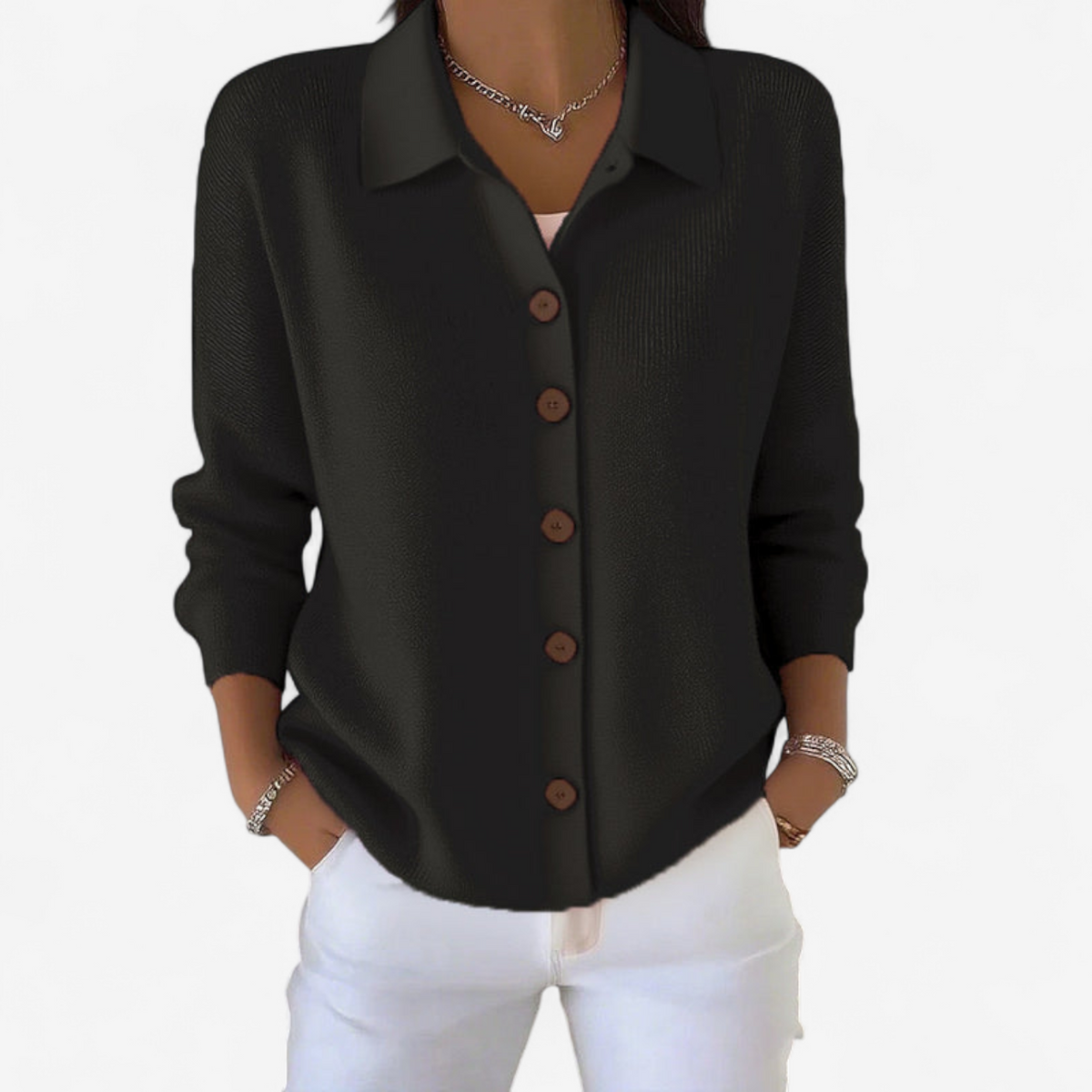 Women’s Collared Knit Cardigan – Relaxed Button-Front Layer for Spring and Autumn