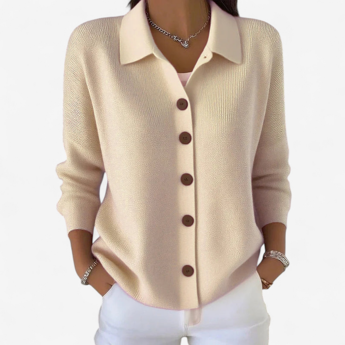 Women’s Collared Knit Cardigan – Relaxed Button-Front Layer for Spring and Autumn