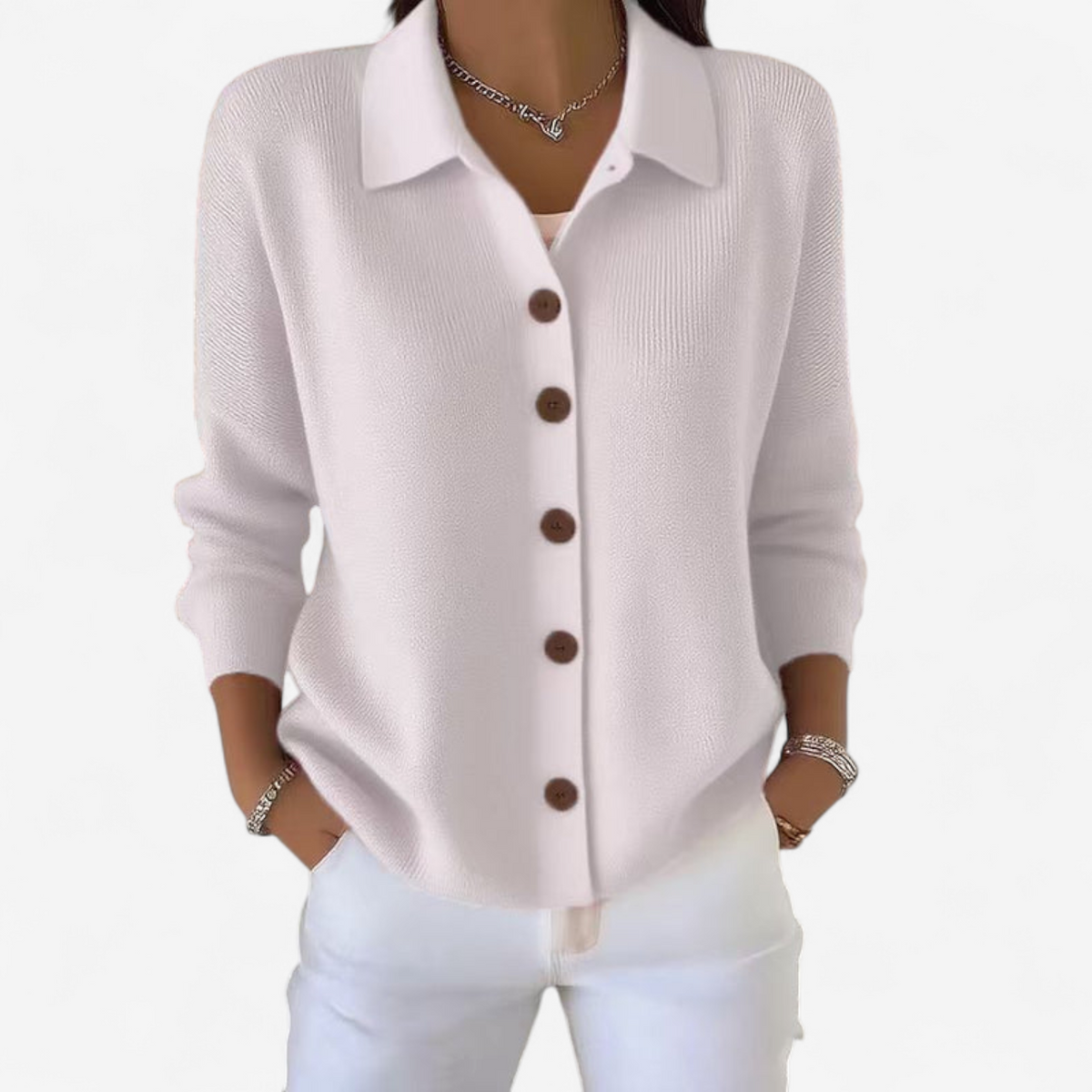 Women’s Collared Knit Cardigan – Relaxed Button-Front Layer for Spring and Autumn