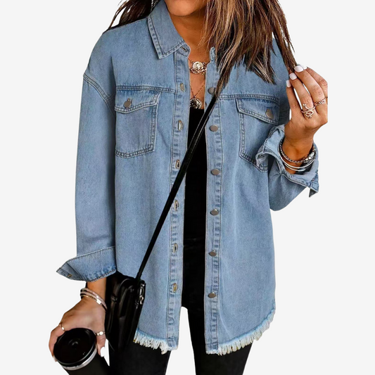 Women’s Longline Denim Shacket – Relaxed Button-Front Layer for Everyday Wear
