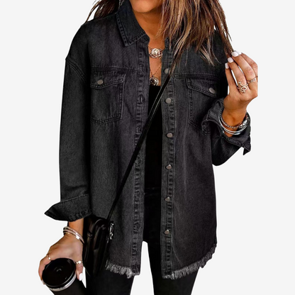 Women’s Longline Denim Shacket – Relaxed Button-Front Layer for Everyday Wear