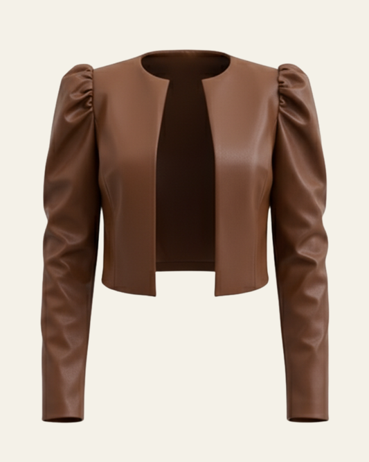 Women’s Cropped Puff-Sleeve Jacket – Collarless Open-Front Layer for Smart Daywear