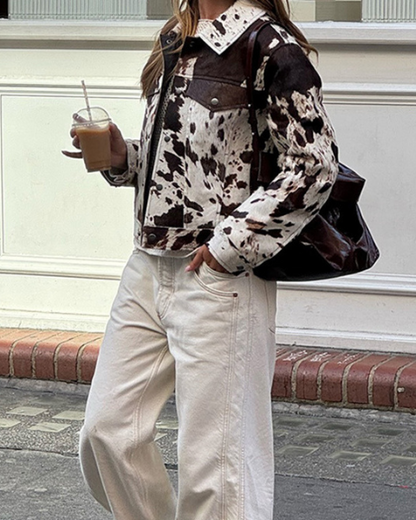 Women’s Printed Trucker Jacket – Button-Front Casual Layer for Spring and Autumn