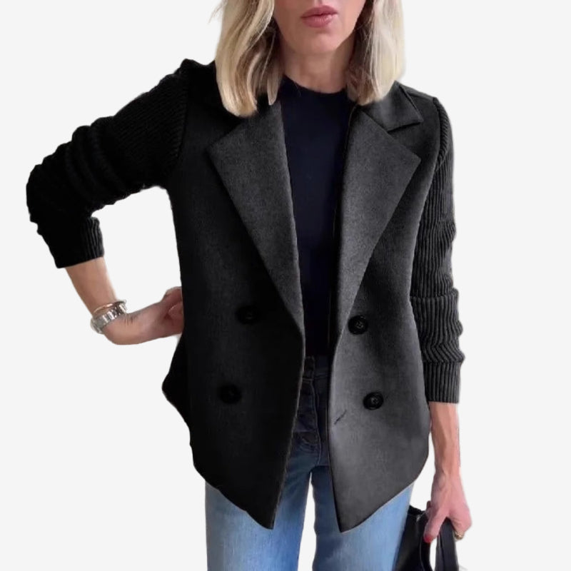 Women’s Double-Breasted Blazer – Ribbed Sleeve Smart Casual Layer for Autumn and Winter