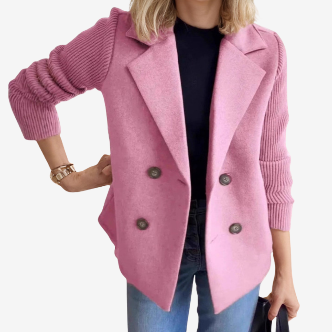 Women’s Double-Breasted Blazer – Ribbed Sleeve Smart Casual Layer for Autumn and Winter