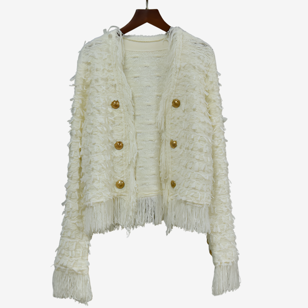 Women’s Tweed-Effect Fringe Jacket – Textured Button Layer for Autumn and Winter