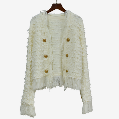 Women’s Tweed-Effect Fringe Jacket – Textured Button Layer for Autumn and Winter