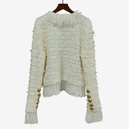 Women’s Tweed-Effect Fringe Jacket – Textured Button Layer for Autumn and Winter