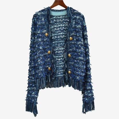 Women’s Tweed-Effect Fringe Jacket – Textured Button Layer for Autumn and Winter