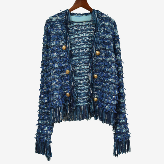 Women’s Tweed-Effect Fringe Jacket – Textured Button Layer for Autumn and Winter