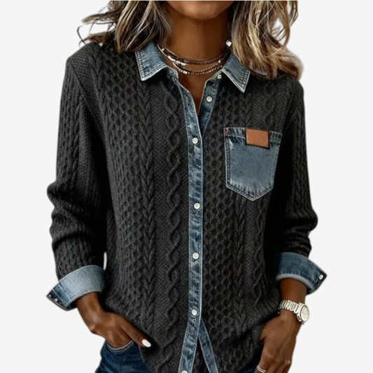 Women’s Cable Knit Shacket – Denim-Trimmed Button Layer for Cooler Seasons