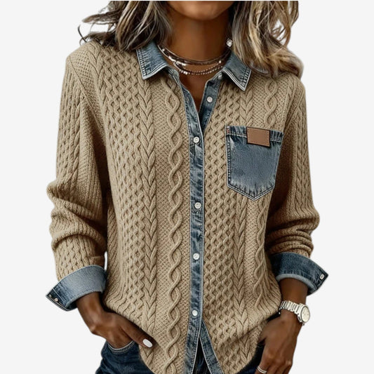 Women’s Cable Knit Shacket – Denim-Trimmed Button Layer for Cooler Seasons
