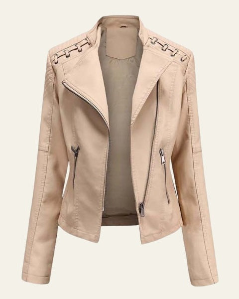 Women’s Slim Fit Biker Jacket – Zip-Up Moto Layer for Spring and Autumn