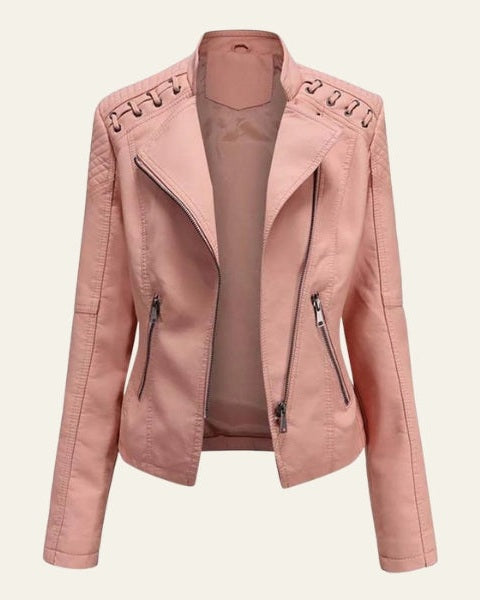 Women’s Slim Fit Biker Jacket – Zip-Up Moto Layer for Spring and Autumn