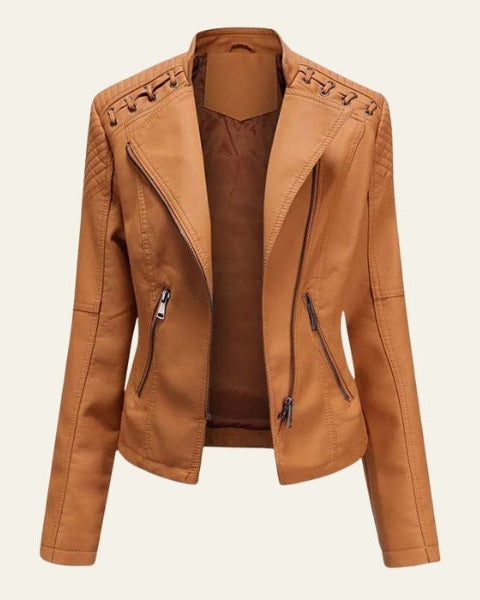 Women’s Slim Fit Biker Jacket – Zip-Up Moto Layer for Spring and Autumn