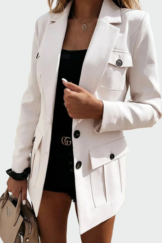 Women’s Longline Utility Blazer – Structured Multi-Pocket Layer for Office and Smart Casual Wear