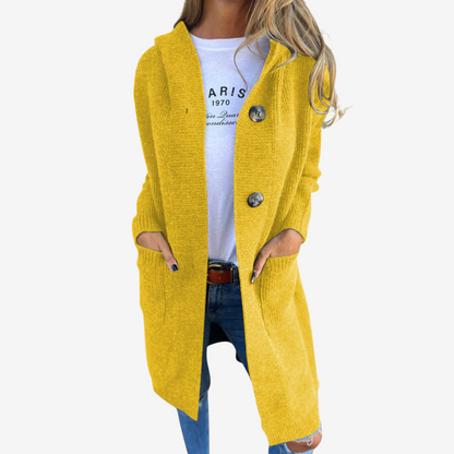Women’s Longline Hooded Knit Cardigan – Relaxed Button Layer for Everyday Wear