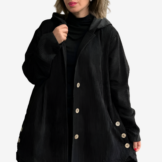 Women’s Longline Hooded Cardigan – Ribbed Button-Front Knit for Autumn and Winter