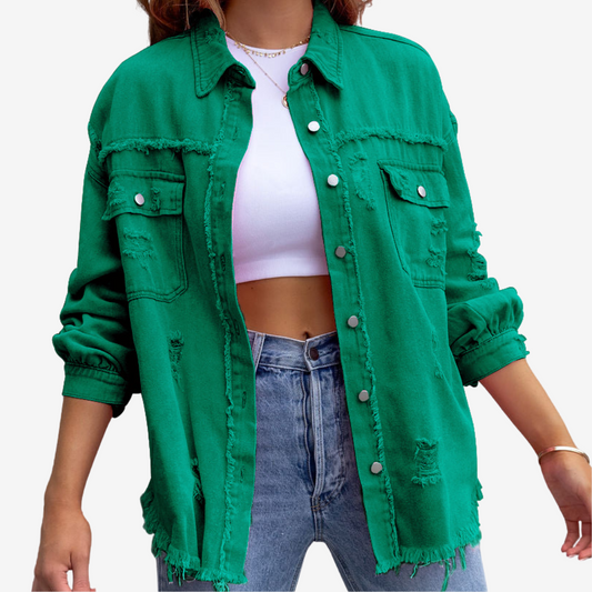 Women’s Oversized Denim Shacket – Frayed Button-Front Layer for Casual Everyday Wear