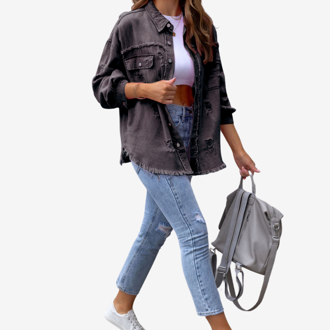Women’s Oversized Denim Shacket – Frayed Button-Front Layer for Casual Everyday Wear