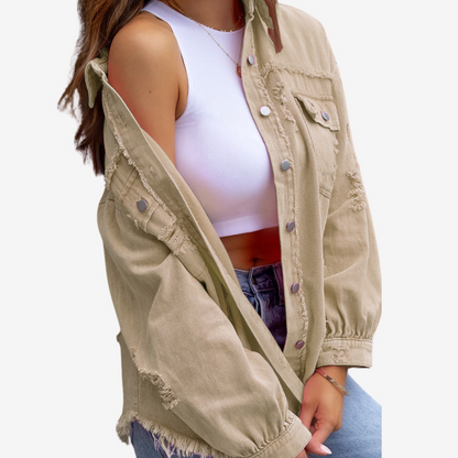 Women’s Oversized Denim Shacket – Frayed Button-Front Layer for Casual Everyday Wear