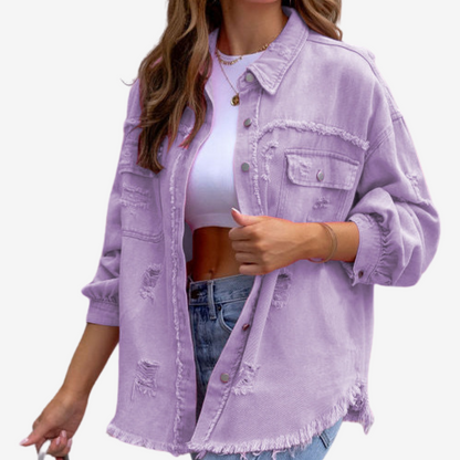 Women’s Oversized Denim Shacket – Frayed Button-Front Layer for Casual Everyday Wear