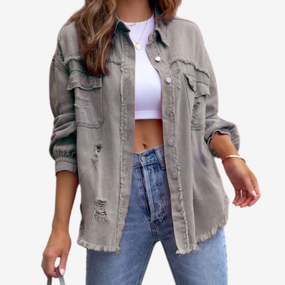 Women’s Oversized Denim Shacket – Frayed Button-Front Layer for Casual Everyday Wear