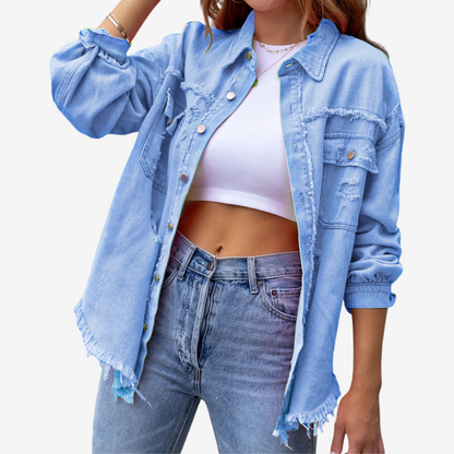 Women’s Oversized Denim Shacket – Frayed Button-Front Layer for Casual Everyday Wear