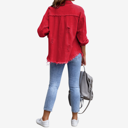Women’s Oversized Denim Shacket – Frayed Button-Front Layer for Casual Everyday Wear