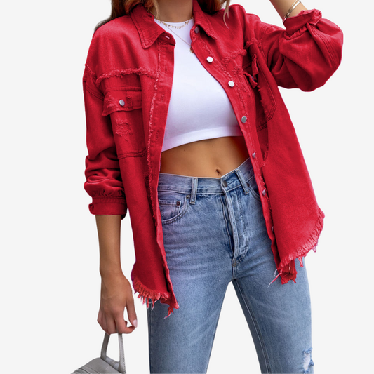 Women’s Oversized Denim Shacket – Frayed Button-Front Layer for Casual Everyday Wear