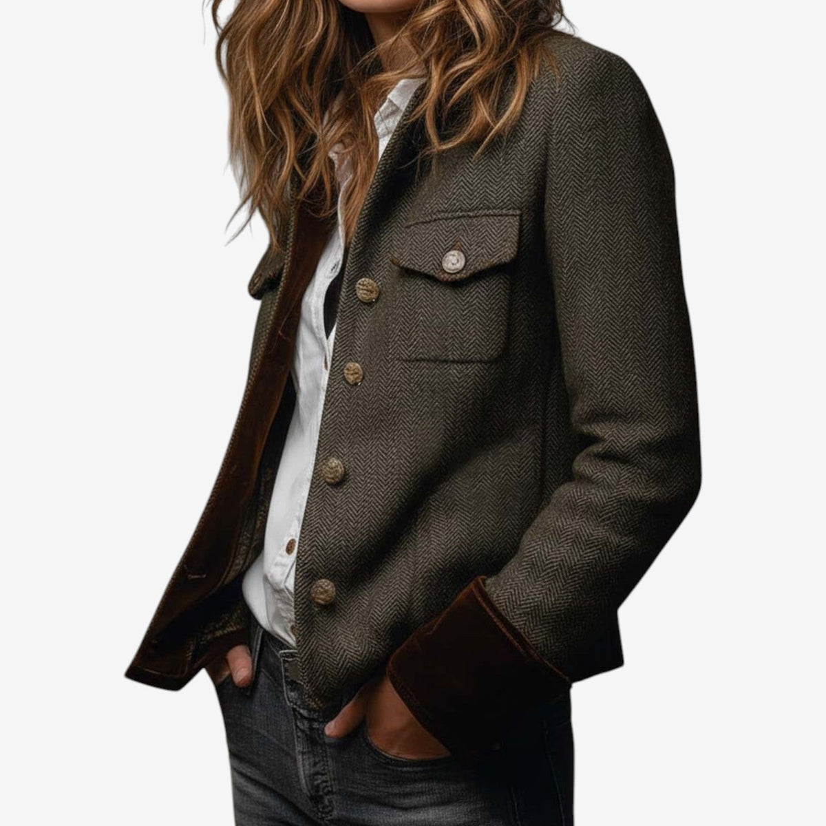 Women’s Structured Herringbone Jacket – Tailored Button-Front Layer for Smart Casual Wear