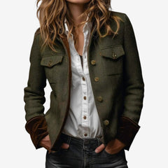 Women’s Structured Herringbone Jacket – Tailored Button-Front Layer for Smart Casual Wear