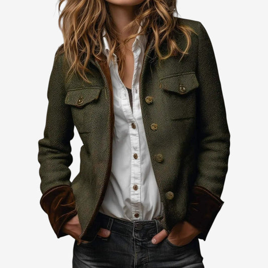 Women’s Structured Herringbone Jacket – Tailored Button-Front Layer for Smart Casual Wear