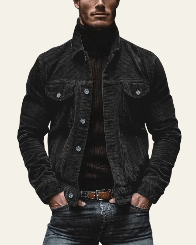 Men’s Button-Front Trucker Jacket – Regular Fit Cord Layer for Autumn and Winter