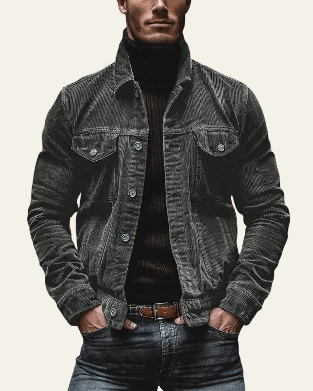 Men’s Button-Front Trucker Jacket – Regular Fit Cord Layer for Autumn and Winter
