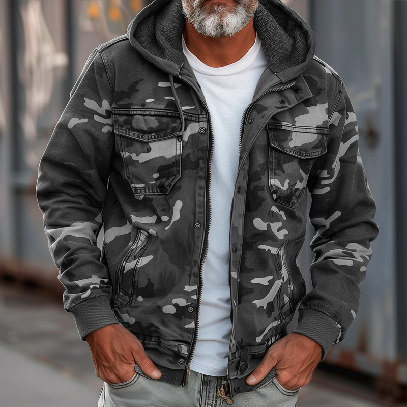 Men’s Hooded Cargo Utility Jacket – Relaxed Autumn Winter Layer with Multi-Pocket Storage