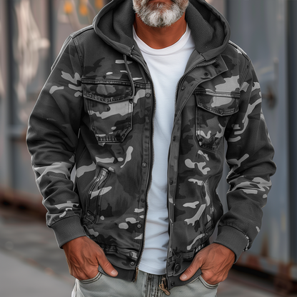 Men’s Hooded Cargo Utility Jacket – Relaxed Autumn Winter Layer with Multi-Pocket Storage