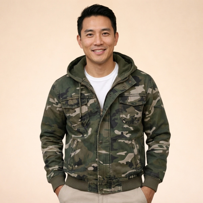 Men’s Hooded Cargo Utility Jacket – Relaxed Autumn Winter Layer with Multi-Pocket Storage