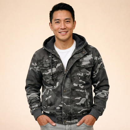 Men’s Hooded Cargo Utility Jacket – Relaxed Autumn Winter Layer with Multi-Pocket Storage