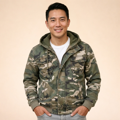Men’s Hooded Cargo Utility Jacket – Relaxed Autumn Winter Layer with Multi-Pocket Storage